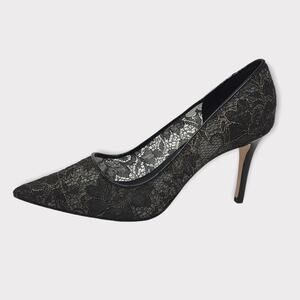 Elie Tahari Black & Gold Lace Patent Leather Trim Pointed Heels Pumps 9/9.5